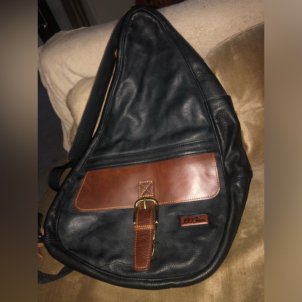 L.L. Bean Black Leather Sling Bag with Brown Accent- $150 or $135 w/offer